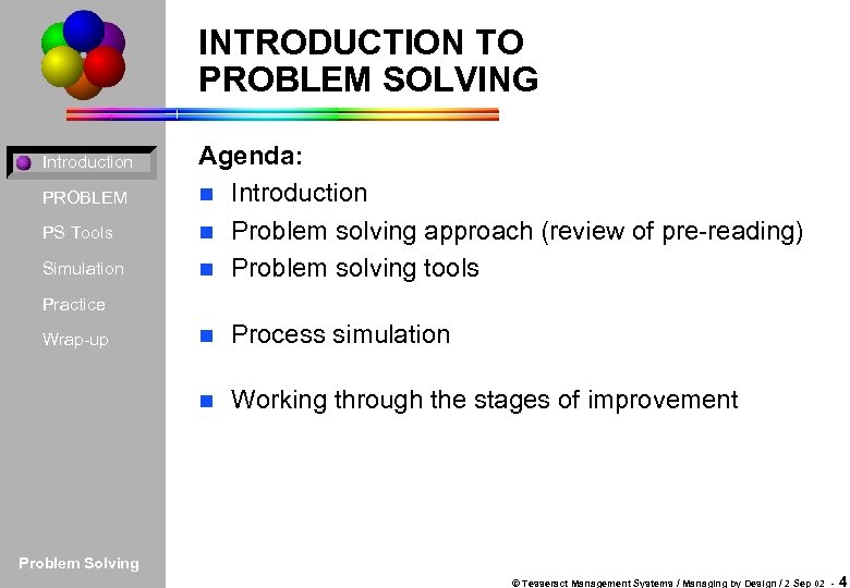 INTRODUCTION TO PROBLEM SOLVING Introduction PROBLEM PS Tools Simulation Agenda: n Introduction n Problem