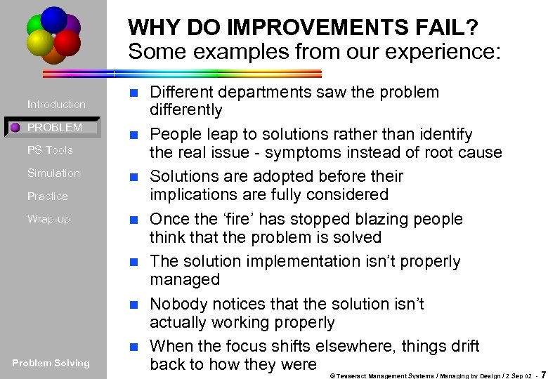 WHY DO IMPROVEMENTS FAIL? Some examples from our experience: Introduction PROBLEM n n PS