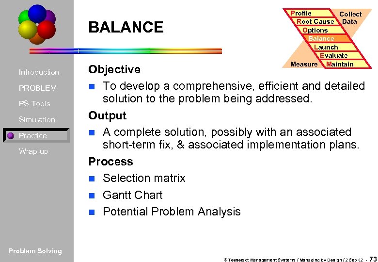 BALANCE Introduction PROBLEM PS Tools Simulation Practice Wrap-up Profile Collect Root Cause Data Options