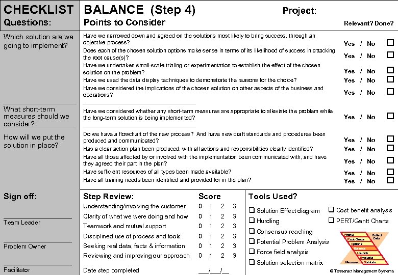 CHECKLIST BALANCE (Step 4) Project: Questions: Points to Consider Which solution are we going