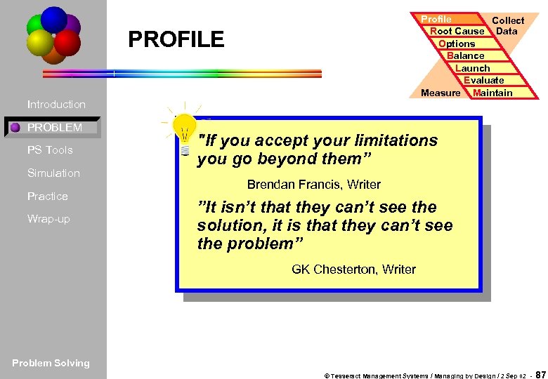 Profile Collect Root Cause Data Options Balance Launch Evaluate Measure Maintain PROFILE Introduction PROBLEM