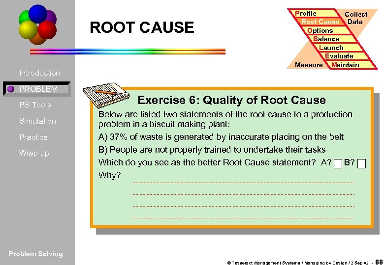 ROOT CAUSE Introduction Profile Collect Root Cause Data Options Balance Launch Evaluate Measure Maintain