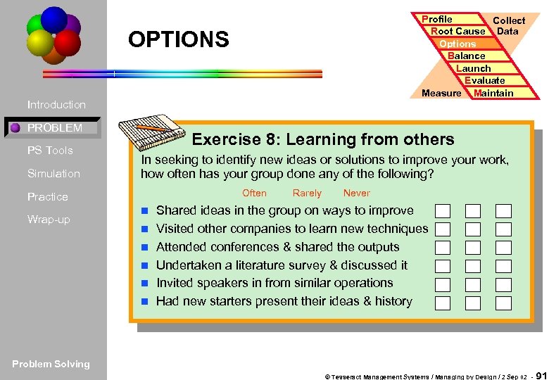 Profile Collect Root Cause Data Options Balance Launch Evaluate Measure Maintain OPTIONS Introduction PROBLEM