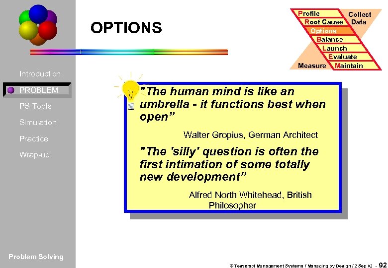 OPTIONS Introduction PROBLEM PS Tools Simulation Practice Wrap-up Profile Collect Root Cause Data Options