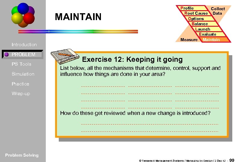 MAINTAIN Introduction PROBLEM PS Tools Simulation Profile Collect Root Cause Data Options Balance Launch