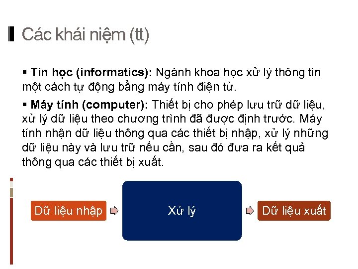 Các khái niệm (tt) § Tin học (informatics): Ngành khoa học xử lý thông