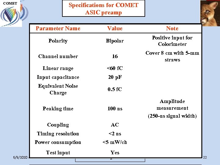 COMET UH M E P Specifications for COMET ASIC preamp Parameter Name Value Note