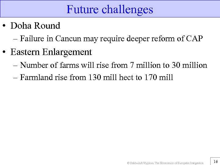 Future challenges • Doha Round – Failure in Cancun may require deeper reform of