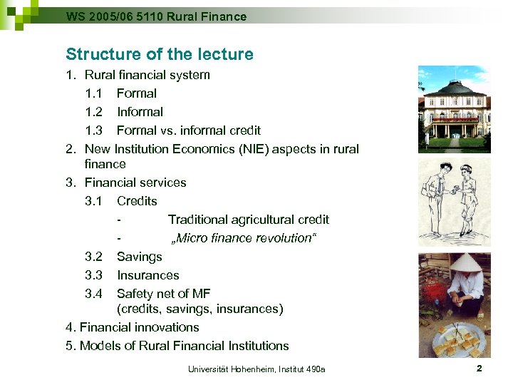 WS 2005/06 5110 Rural Finance Structure of the lecture 1. Rural financial system 1.