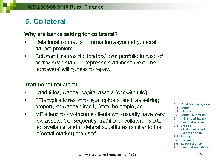WS 2005/06 5110 Rural Finance 5. Collateral Why are banks asking for collateral? •