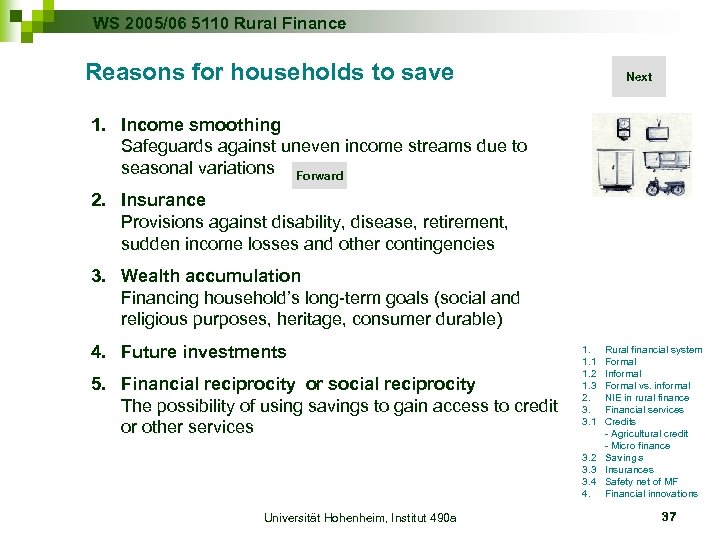 WS 2005/06 5110 Rural Finance Reasons for households to save Next 1. Income smoothing