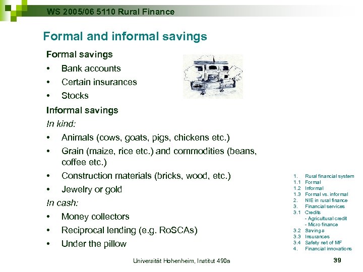 WS 2005/06 5110 Rural Finance Formal and informal savings Formal savings • • •