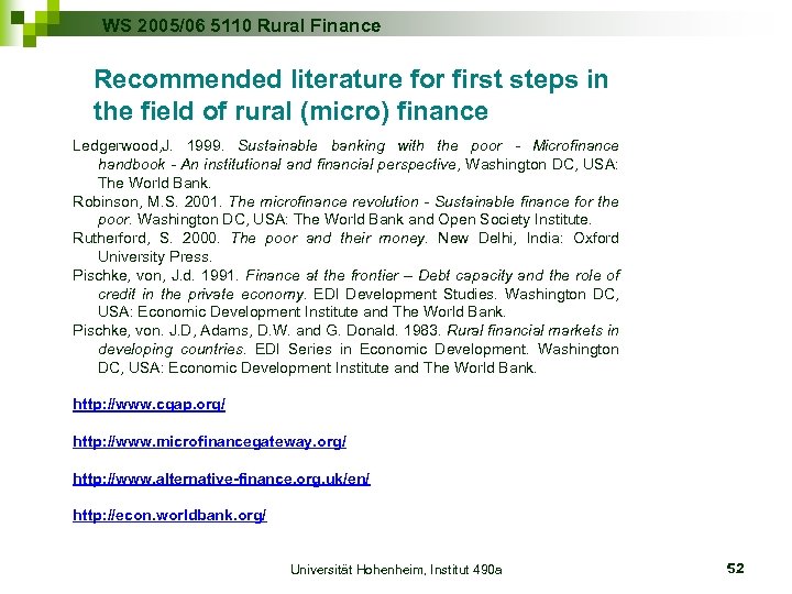 WS 2005/06 5110 Rural Finance Recommended literature for first steps in the field of