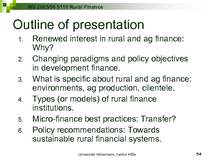 WS 2005/06 5110 Rural Finance Outline of presentation 1. 2. 3. 4. 5. 6.