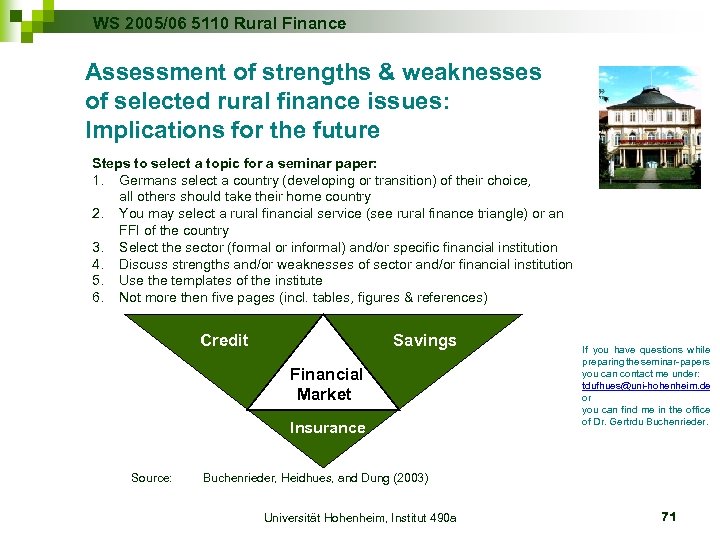 WS 2005/06 5110 Rural Finance Assessment of strengths & weaknesses of selected rural finance