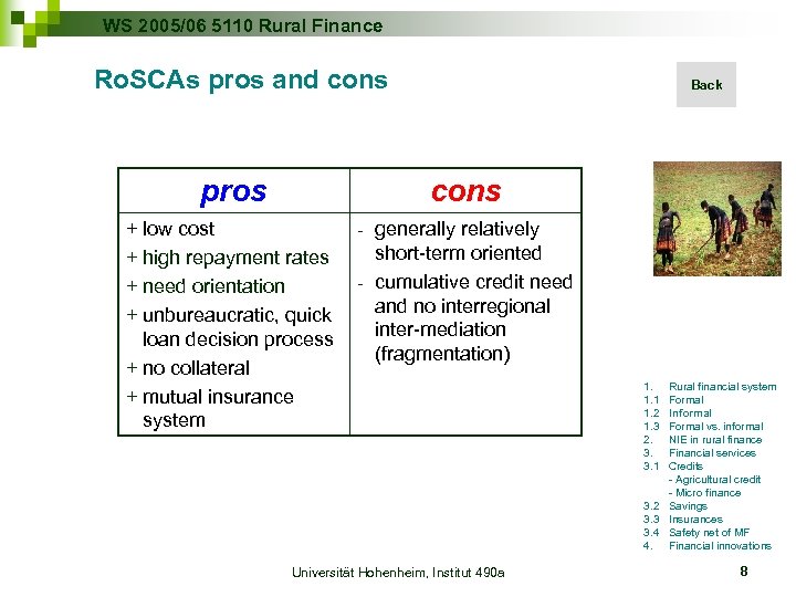 WS 2005/06 5110 Rural Finance Ro. SCAs pros and cons pros Back cons +