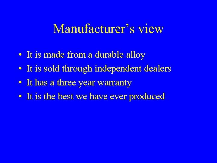 Manufacturer’s view • • It is made from a durable alloy It is sold