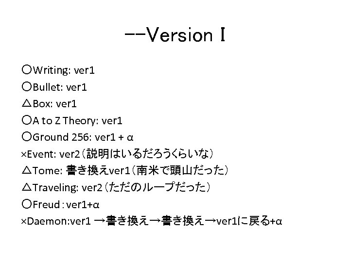 --Version I ○Writing: ver 1 ○Bullet: ver 1 △Box: ver 1 ○A to Z