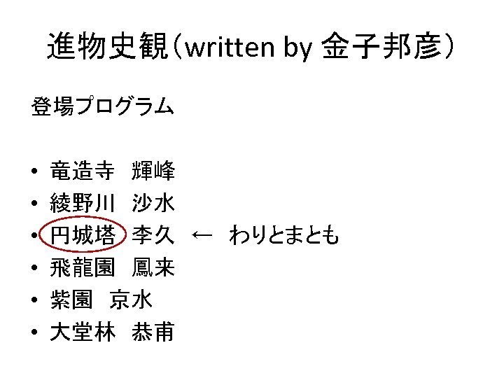 進物史観（written by 金子邦彦） 登場プログラム • • • 竜造寺　輝峰 綾野川　沙水 円城塔　李久　←　わりとまとも 飛龍園　鳳来 紫園　京水 大堂林　恭甫 