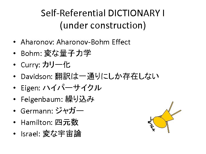 Self-Referential DICTIONARY I (under construction) タ Aharonov: Aharonov-Bohm Effect Bohm: 変な量子力学 Curry: カリー化 Davidson: