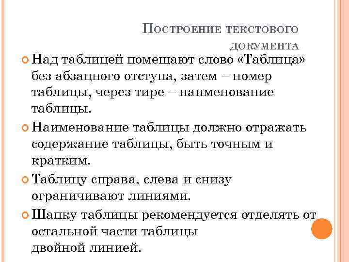 ПОСТРОЕНИЕ ТЕКСТОВОГО Над ДОКУМЕНТА таблицей помещают слово «Таблица» без абзацного отступа, затем – номер