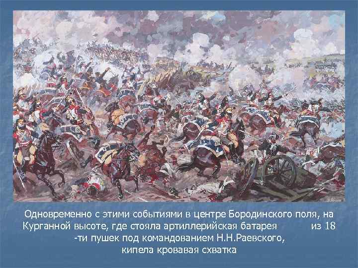 Одновременно с этими событиями в центре Бородинского поля, на Курганной высоте, где стояла артиллерийская