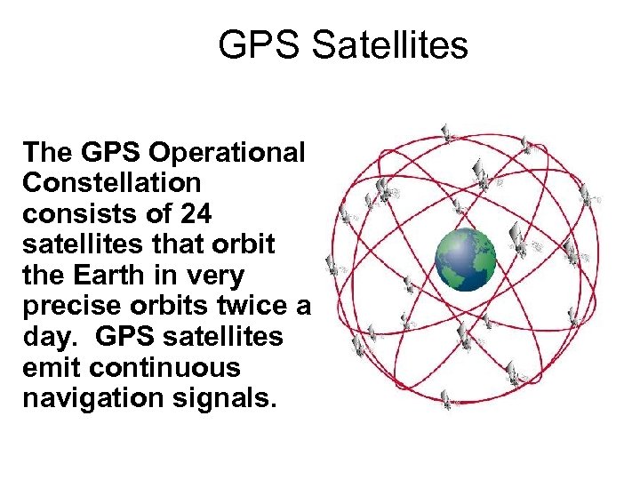 GPS Satellites The GPS Operational Constellation consists of 24 satellites that orbit the Earth