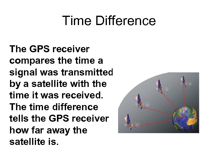 Time Difference The GPS receiver compares the time a signal was transmitted by a