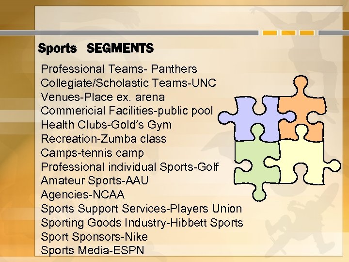 Sports SEGMENTS Professional Teams- Panthers Collegiate/Scholastic Teams-UNC Venues-Place ex. arena Commericial Facilities-public pool Health