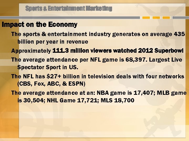 Sports & Entertainment Marketing Impact on the Economy The sports & entertainment industry generates