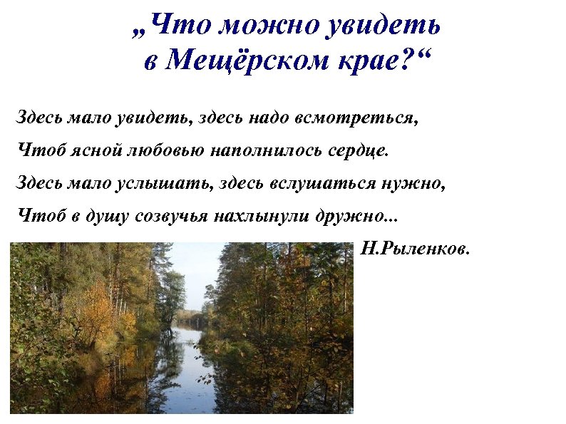 „Что можно увидеть в Мещёрском крае? “ Здесь мало увидеть, здесь надо всмотреться, Чтоб