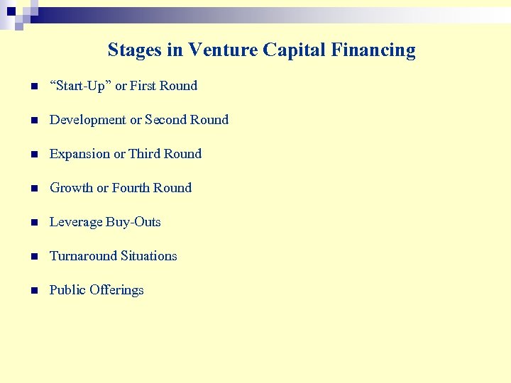 Stages in Venture Capital Financing n “Start-Up” or First Round n Development or Second