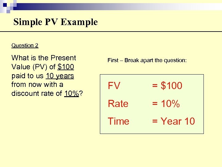 Simple PV Example Question 2 What is the Present Value (PV) of $100 paid