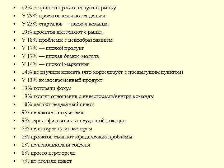 • • • • • 42% стартапов просто не нужны рынку У 29%