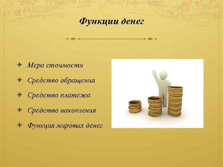 Функции денег Мера стоимости Средство обращения Средство платежа Средство накопления Функция мировых денег 