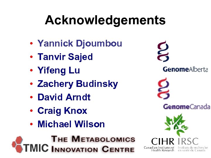 Acknowledgements • • Yannick Djoumbou Tanvir Sajed Yifeng Lu Zachery Budinsky David Arndt Craig