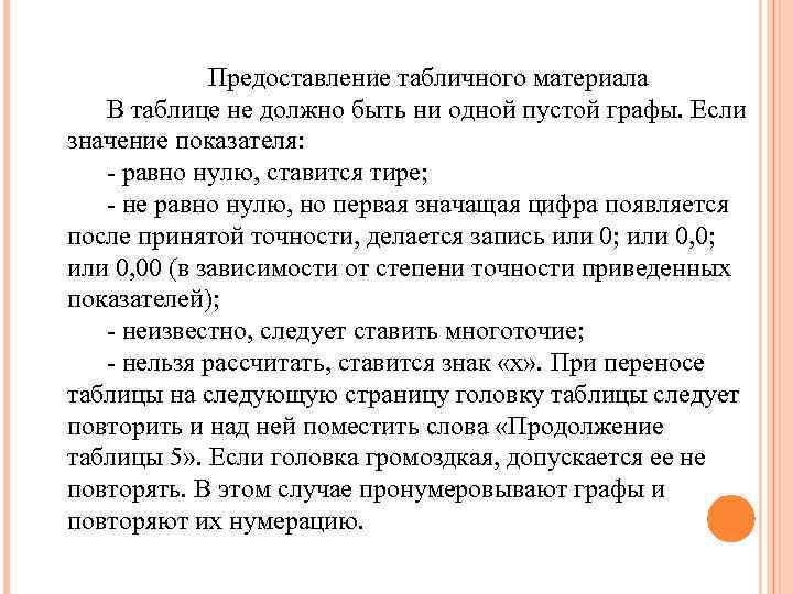 Предоставление табличного материала В таблице не должно быть ни одной пустой графы. Если значение