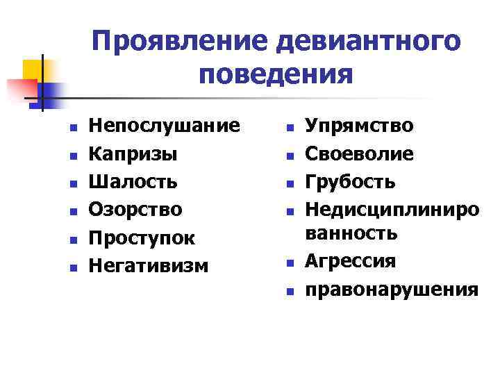 Проявление девиантного поведения n n n Непослушание Капризы Шалость Озорство Проступок Негативизм n n