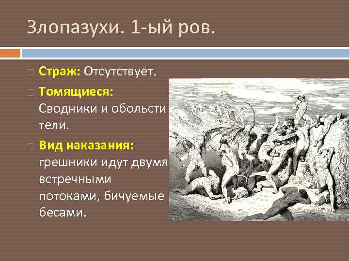 Злопазухи. 1 -ый ров. Страж: Отсутствует. Томящиеся: Сводники и обольсти тели. Вид наказания: грешники