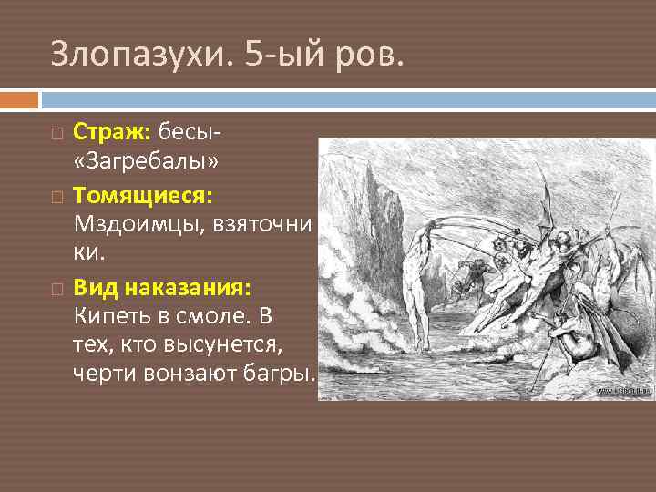 Злопазухи. 5 -ый ров. Страж: бесы «Загребалы» Томящиеся: Мздоимцы, взяточни ки. Вид наказания: Кипеть