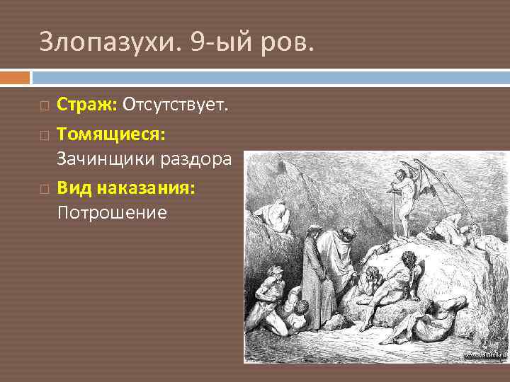 Злопазухи. 9 -ый ров. Страж: Отсутствует. Томящиеся: Зачинщики раздора Вид наказания: Потрошение 