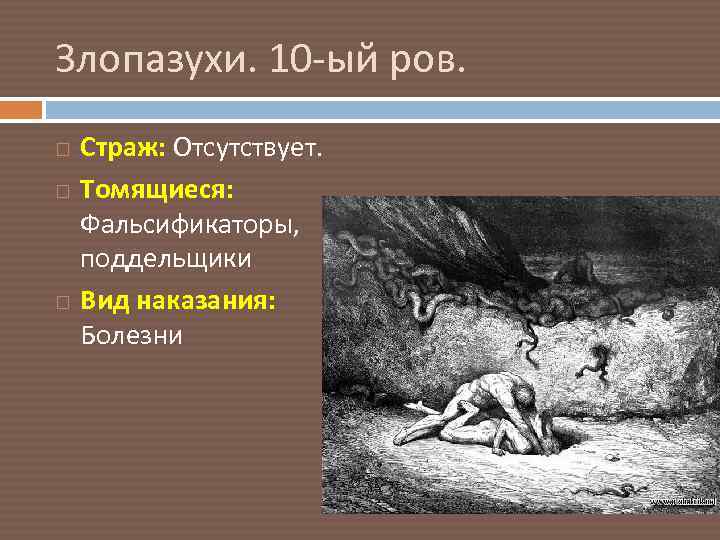 Злопазухи. 10 -ый ров. Страж: Отсутствует. Томящиеся: Фальсификаторы, поддельщики Вид наказания: Болезни 