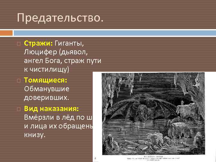 Предательство. Стражи: Гиганты, Люцифер (дьявол, ангел Бога, страж пути к чистилищу) Томящиеся: Обманувшие доверивших.