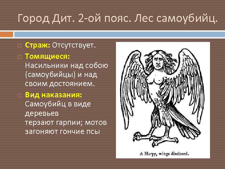 Город Дит. 2 -ой пояс. Лес самоубийц. Страж: Отсутствует. Томящиеся: Насильники над собою (самоубийцы)