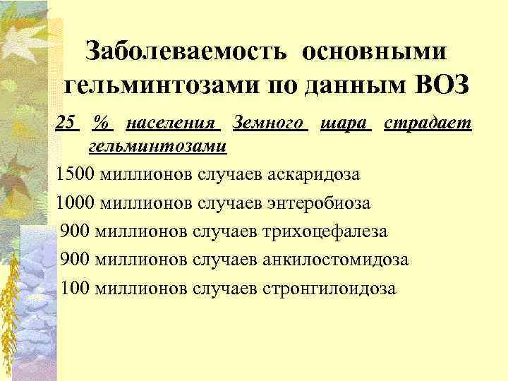 Заболеваемость основными гельминтозами по данным ВОЗ 25 % населения Земного шара страдает гельминтозами 1500