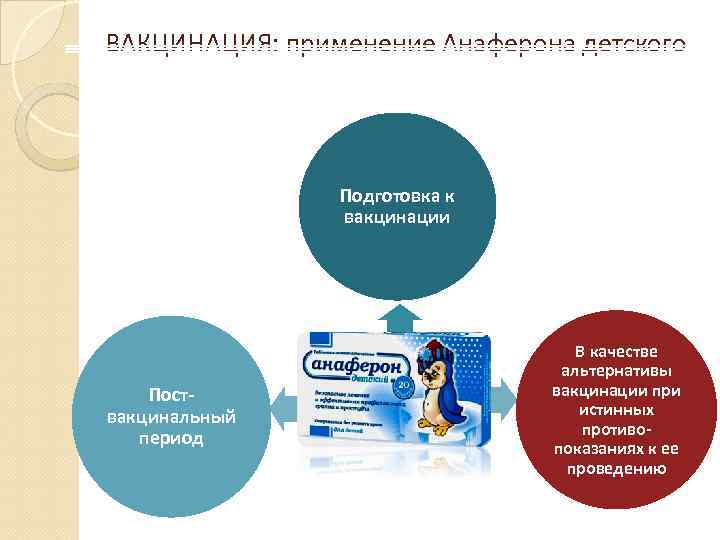 ВАКЦИНАЦИЯ: применение Анаферона детского Подготовка к вакцинации Поствакцинальный период В качестве альтернативы вакцинации при