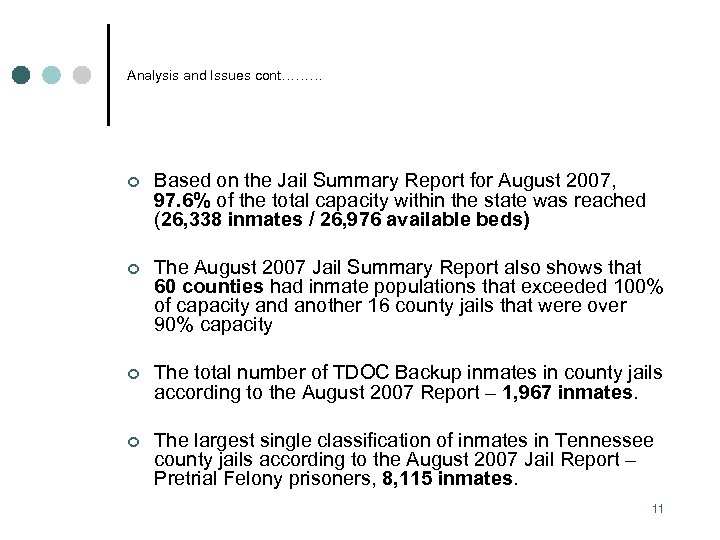 Analysis and Issues cont……… ¢ Based on the Jail Summary Report for August 2007,
