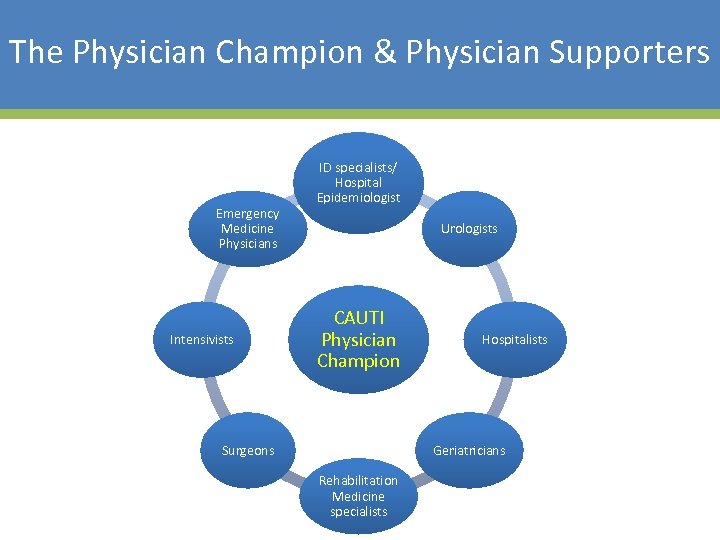The Physician Champion & Physician Supporters Emergency Medicine Physicians Intensivists ID specialists/ Hospital Epidemiologist