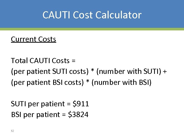 CAUTI Cost Calculator Current Costs Total CAUTI Costs = (per patient SUTI costs) *