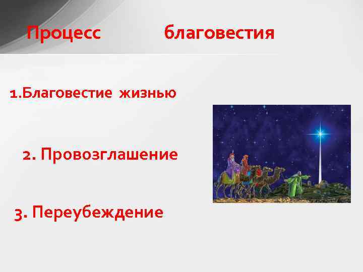  Процесс благовестия 1. Благовестие жизнью 2. Провозглашение 3. Переубеждение 